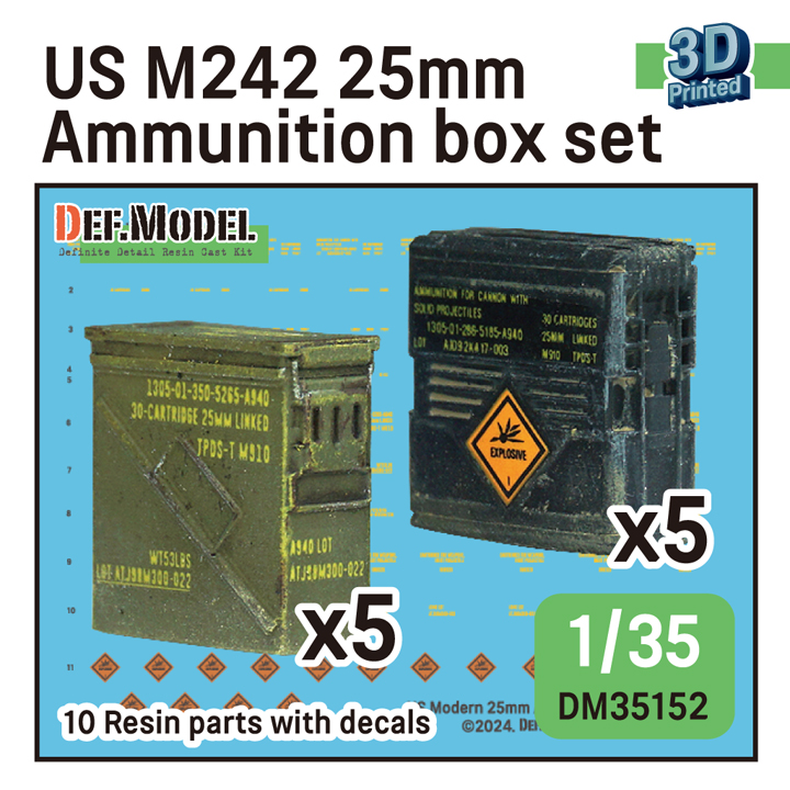 1:35 US M242 25mm Ammunition Box Set - 3D printed (10 pcs and Decals)